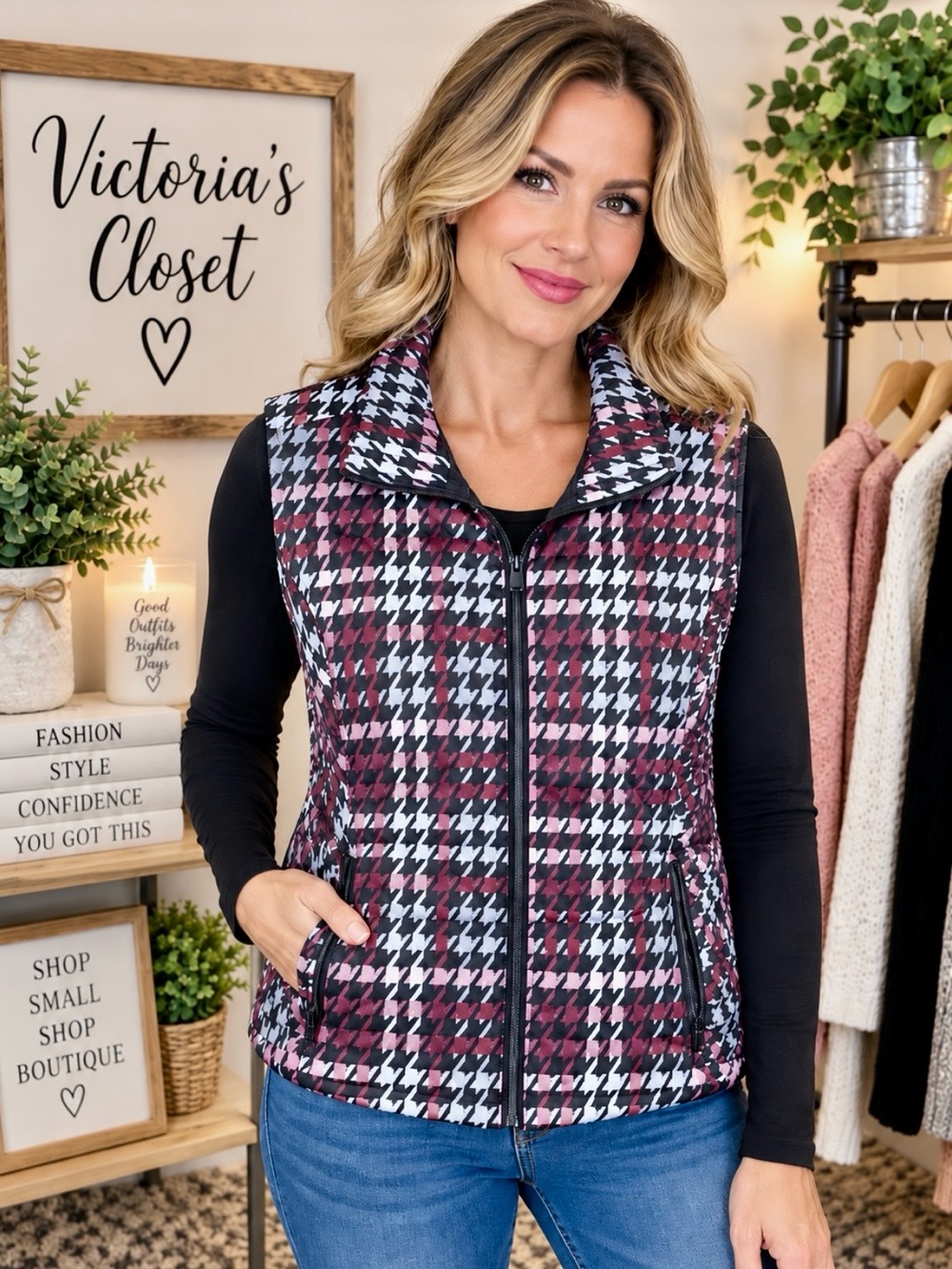 Christopher & Banks Houndstooth Quilted Vest Black & Pink Large Like New